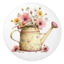 イースターの黄色とピンクの花のじょうろ