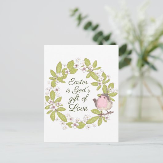 イースターは神の愛の贈り物 ヨハネ 3:16 花輪 ポストカード (スタンド正面)