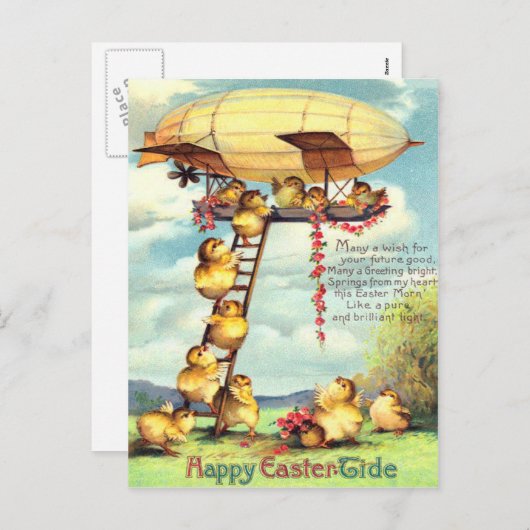 イースターひよこの軟式小型飛行船のツェッペリン型飛行船の花 シーズンポストカード (正面/裏面)