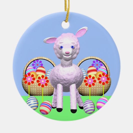 イースターよくはしゃぐラム、花とバスケット セラミックオーナメント (正面)