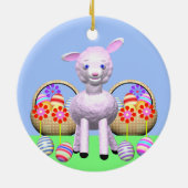 イースターよくはしゃぐラム、花とバスケット セラミックオーナメント (裏面)