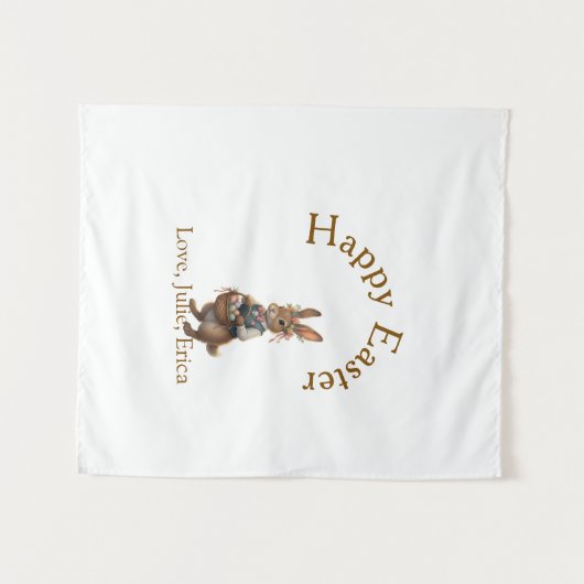 イースターをお祝いする茶色のウサギと卵 愛する人の名前を入れて タペストリー (正面(横))