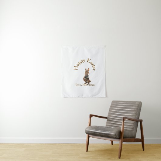 イースターをお祝いする茶色のウサギと卵 愛する人の名前を入れて タペストリー (インサイチュ)
