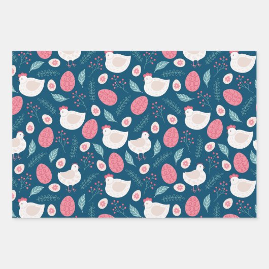 イースターをテーマにしたパターンの卵とニワトリ ラッピングペーパーシート (正面3)