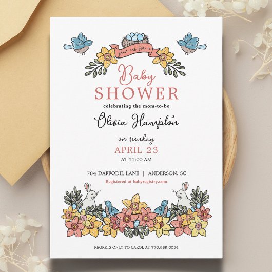 イースターをテーマにした女の子のためのベビーシャワー 招待状