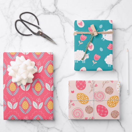イースターをテーマにした模様の羊の卵と花 ラッピングペーパーシート (正面)