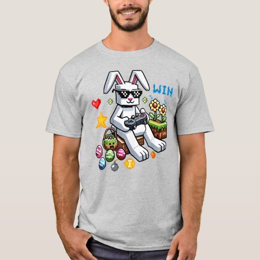 イースターを楽しむゲーマー用Tシャツ - ゲームをするウサギ Tシャツ (正面)