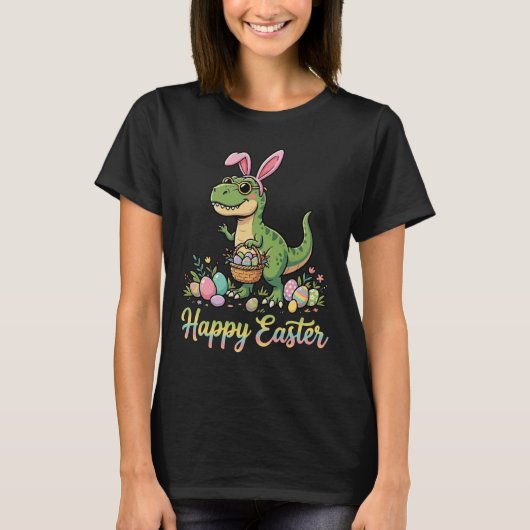 イースターを楽しむ恐竜 かわいいウサギの恐竜 Tシャツ (正面)
