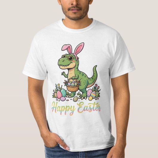 イースターを楽しむ恐竜 かわいいウサギの恐竜 Tシャツ (正面)
