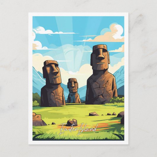 イースターアイランドチリヴィンテージトラベルイラストレーション ポストカード (正面)