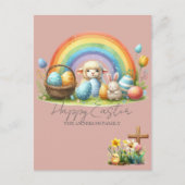 イースターアニマルレインボーピンクバニーラムファミリーカード シーズンポストカード (正面)