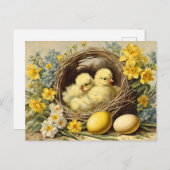 イースターイエローベビーの雛をバスケットと花に シーズンポストカード (正面/裏面)