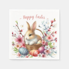 イースターウォーターカラーウサギの卵と花 –  スタンダードカクテルナプキン