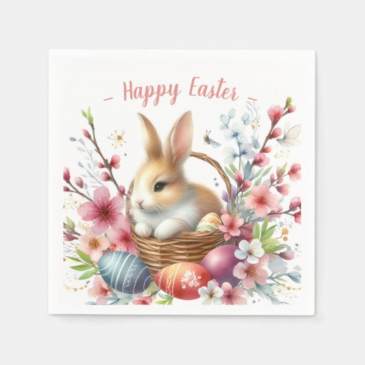 イースターウォーターカラーウサギの卵と花 –  スタンダードカクテルナプキン (正面)