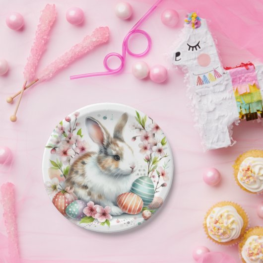 イースターウォーターカラーウサギの卵と花 –  ペーパープレート (パーティー)