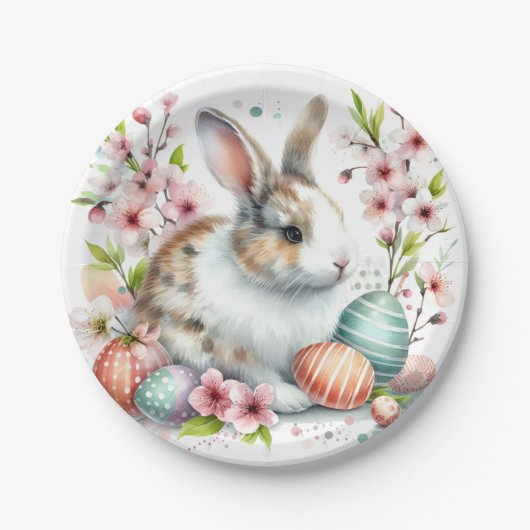 イースターウォーターカラーウサギの卵と花 –  ペーパープレート (正面)