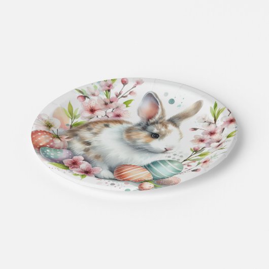 イースターウォーターカラーウサギの卵と花 –  ペーパープレート (アングル)