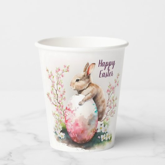 イースターウォーターカラーウサギの卵と花 –  紙コップ (正面)