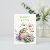 イースターウォーターカラーグリーンカエル卵&花 – ポストカード (スタンド正面)