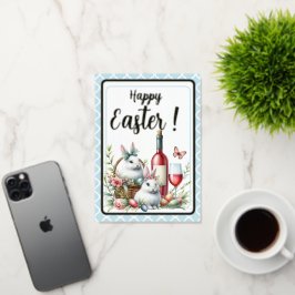 イースターウォーターカラーバニエッグ&ワイン 箔グリーティングカード