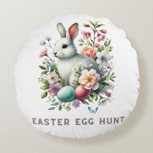 イースターウォーターカラーバニー&フラワーズ ラウンドクッション (正面)