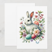 イースターウォーターカラーバニー、卵&花 招待状 (正面/裏面)