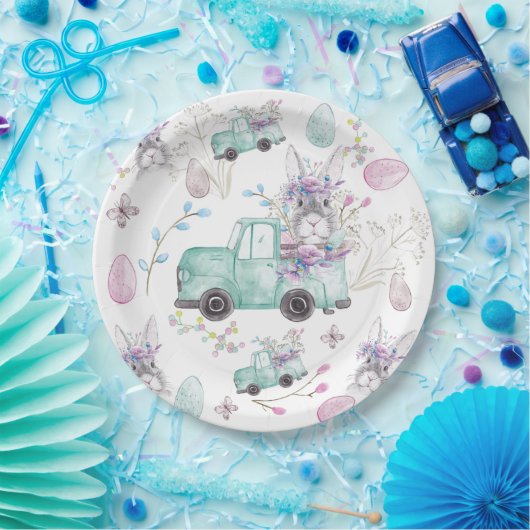 イースターウォーターカラーパターンバニートラック ペーパープレート (パーティー)