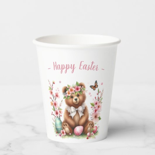 イースターウォーターカラーベアーキュブエッグと花 紙コップ (正面)