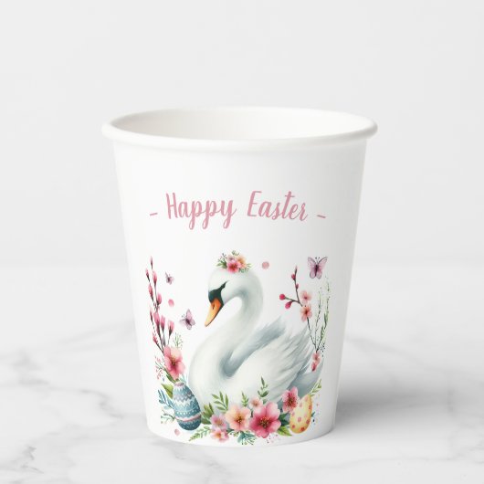 イースターウォーターカラー白鳥の卵と花 紙コップ (正面)
