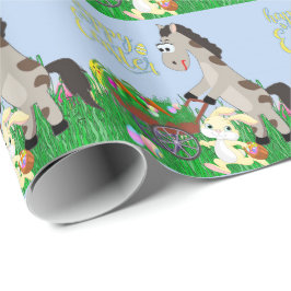 イースターウサギと馬が卵とニンジンを集める ラッピングペーパー