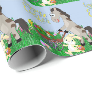 イースターウサギと馬が卵とニンジンを集める ラッピングペーパー