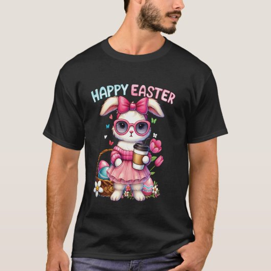 イースターウサギのかわいいアイスコーヒー イースターボウW Tシャツ (正面)