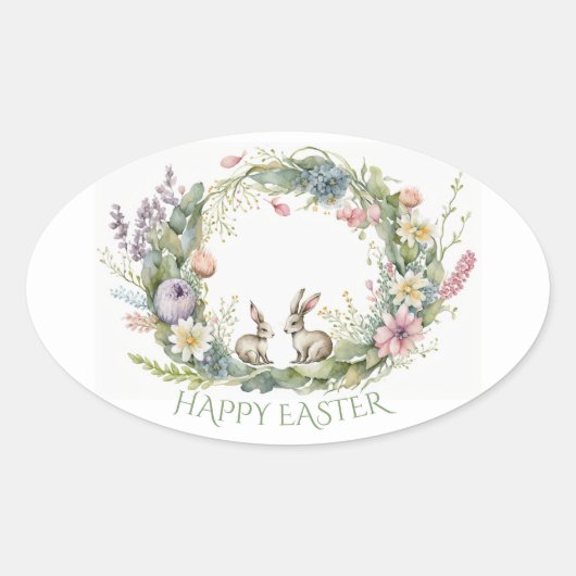 イースターウサギのフローラリース 楕円形シール (正面)