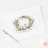 イースターウサギのフローラリース 楕円形シール (封筒)