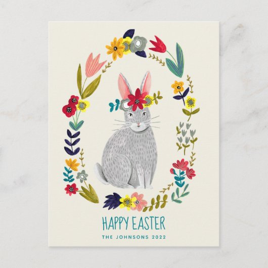イースターウサギウサギの灰色のフローラスケッチ ポストカード (正面)