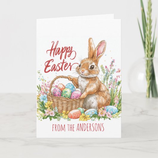 イースターエッグでいっぱいの籠を持ったウサギ シーズンカード (正面)