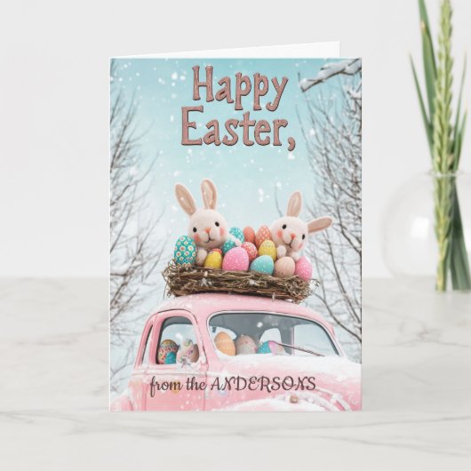 イースターエッグでいっぱいの車と2匹のウサギ シーズンカード (正面)