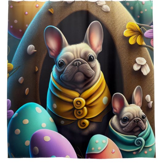 イースターエッグで愛らしいパグフェスティバルと可愛い シャワーカーテン (正面)