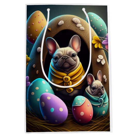 イースターエッグで愛らしいパグフェスティバルと可愛い ミディアムペーパーバッグ (正面)