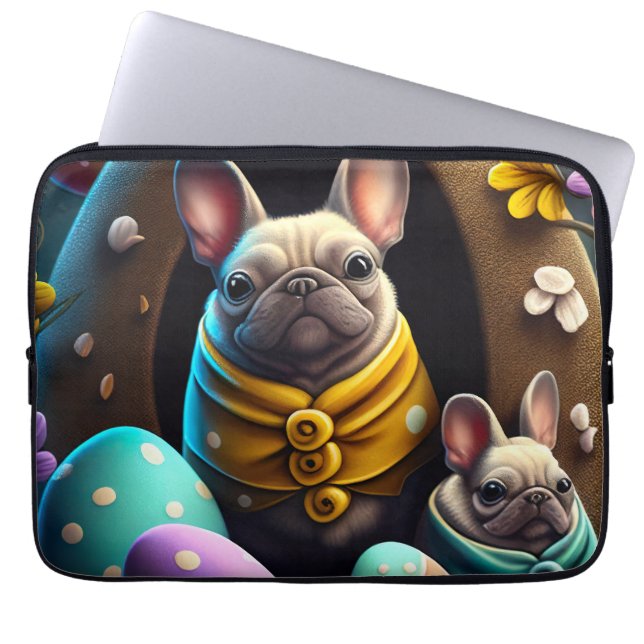 イースターエッグで愛らしいパグフェスティバルと可愛い ラップトップスリーブ (正面)