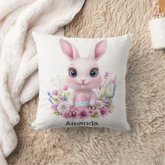 イースターエッグとうさぎのかわいいピンクの花 クッション