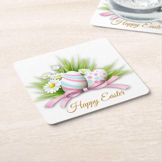 イースターエッグとデイジー スクエアペーパーコースター (アングル)