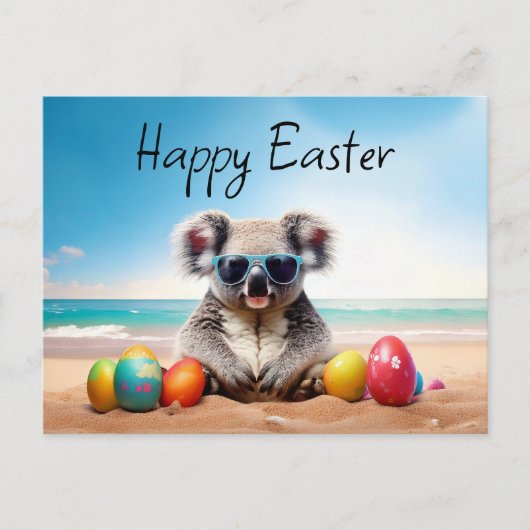 イースターエッグとビーチのコアラハッピーイースター シーズンポストカード (正面)
