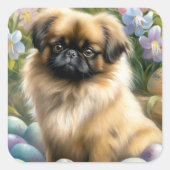 イースターエッグとペキニーズの犬 ホリデー スクエアシール (正面)