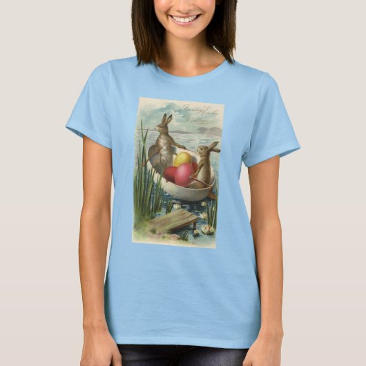 イースターエッグとボートに乗ったヴィンテージなイースターバニー Tシャツ (正面)