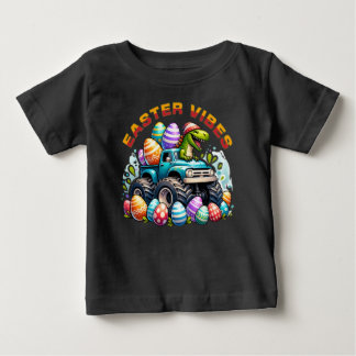 イースターエッグとモンスタートラックのイースタービーブスディノ ベビーTシャツ