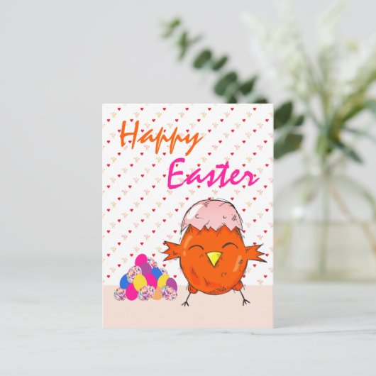 イースターエッグと可愛い雛ハートハッピーイースター シーズンポストカード (スタンド正面)