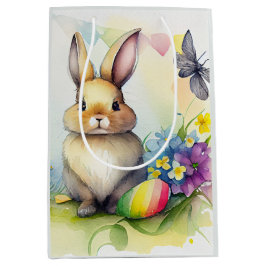 イースターエッグと水色イースターバニー ミディアムペーパーバッグ