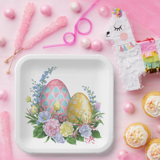 イースターエッグと花 ペーパープレート (パーティー)