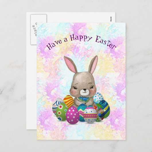 イースターエッグによって囲まれるイースターのウサギ シーズンポストカード (正面/裏面)